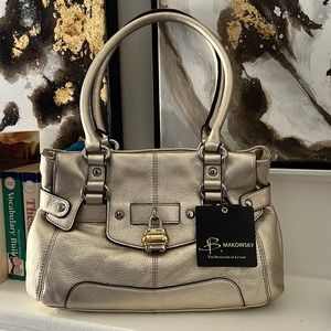 B Makowsky champagne tobi flap satchel.